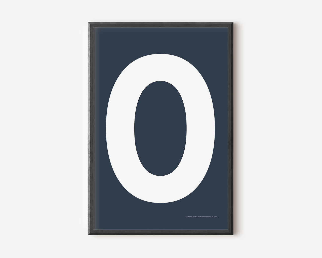 Modern art print with an uppercase white letter O on a navy blue background.