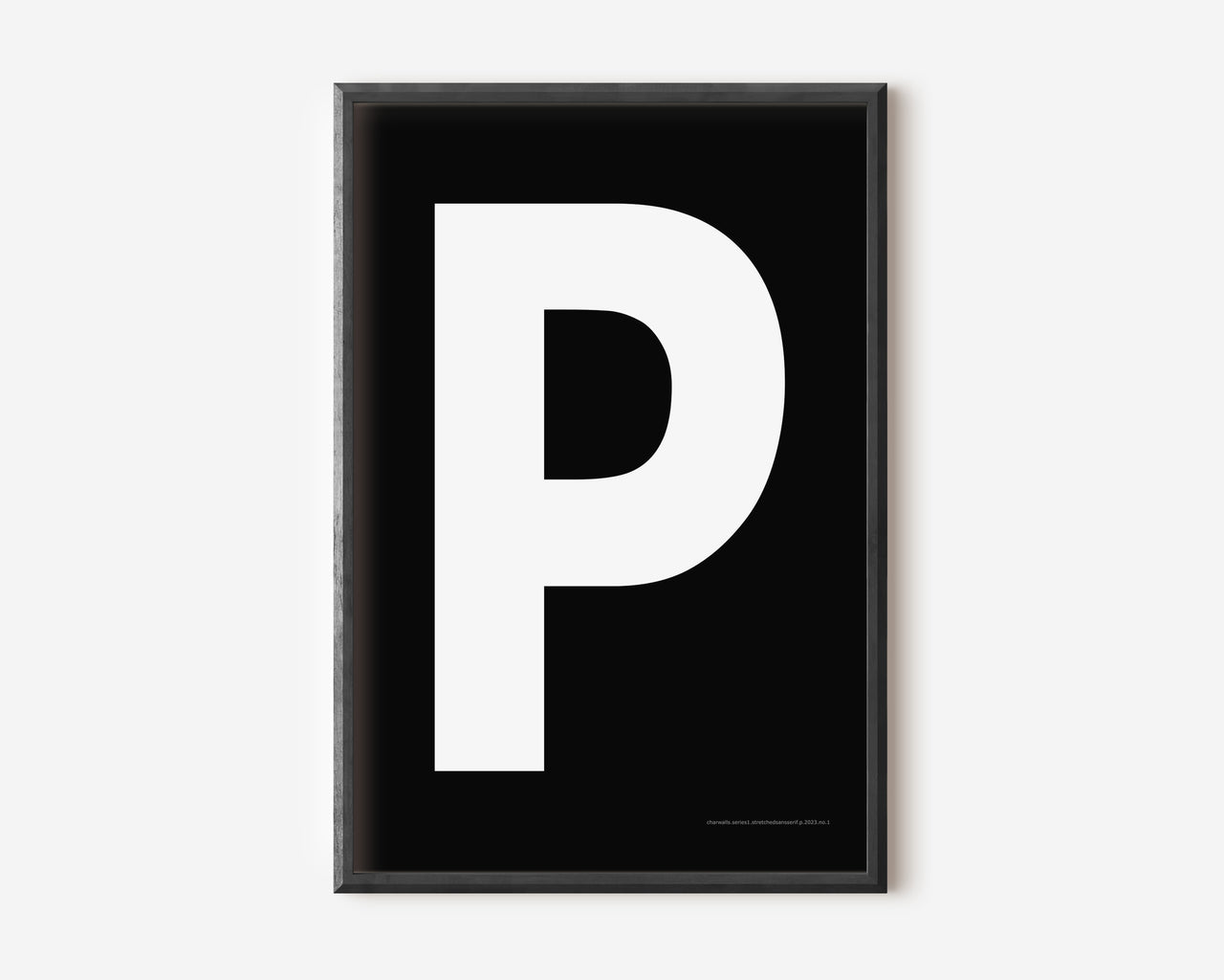 Modern art print with an uppercase white letter P on a black background.