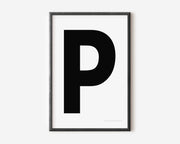 Modern art print with an uppercase black letter P on a white background.