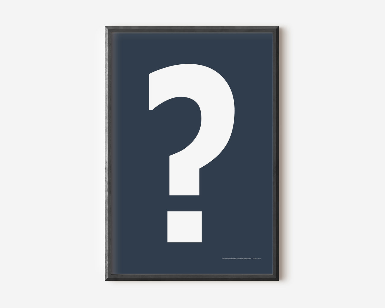 Modern symbol art print with a white question mark on a navy blue background.