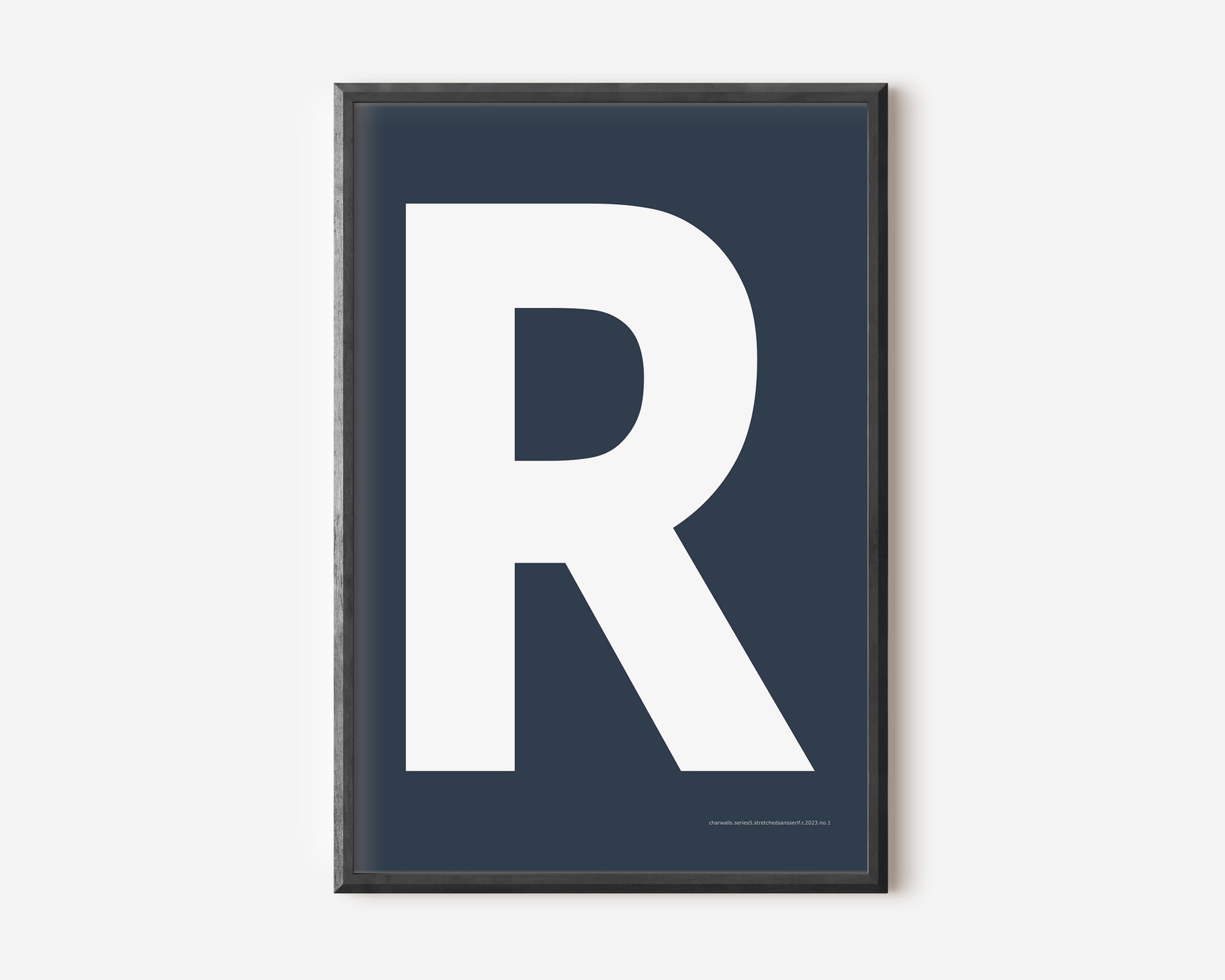 Modern art print with an uppercase white letter R on a navy blue background.