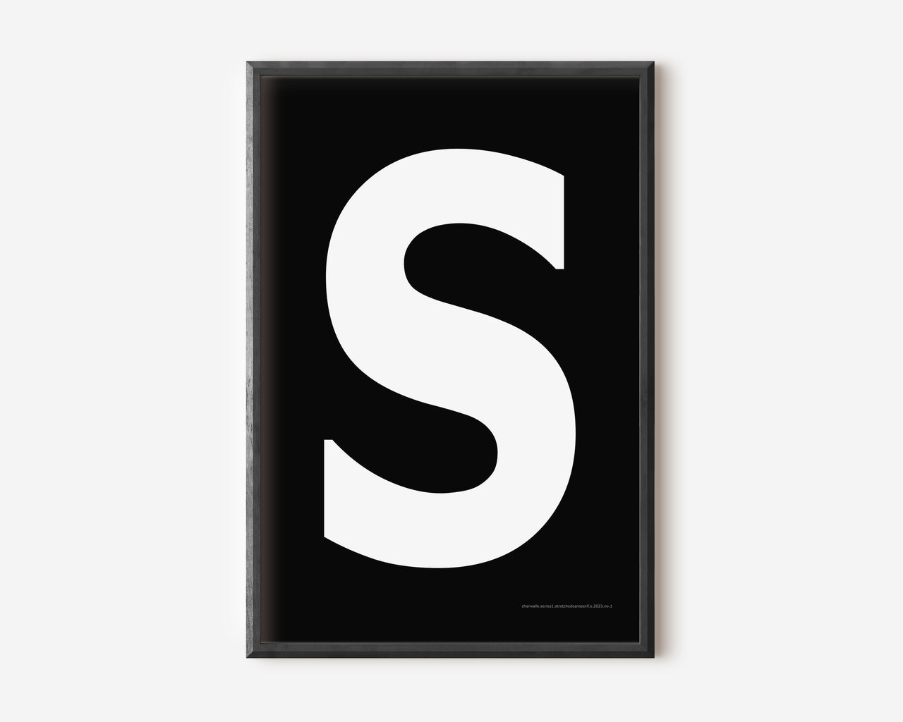 Modern art print with an uppercase white letter S on a black background.