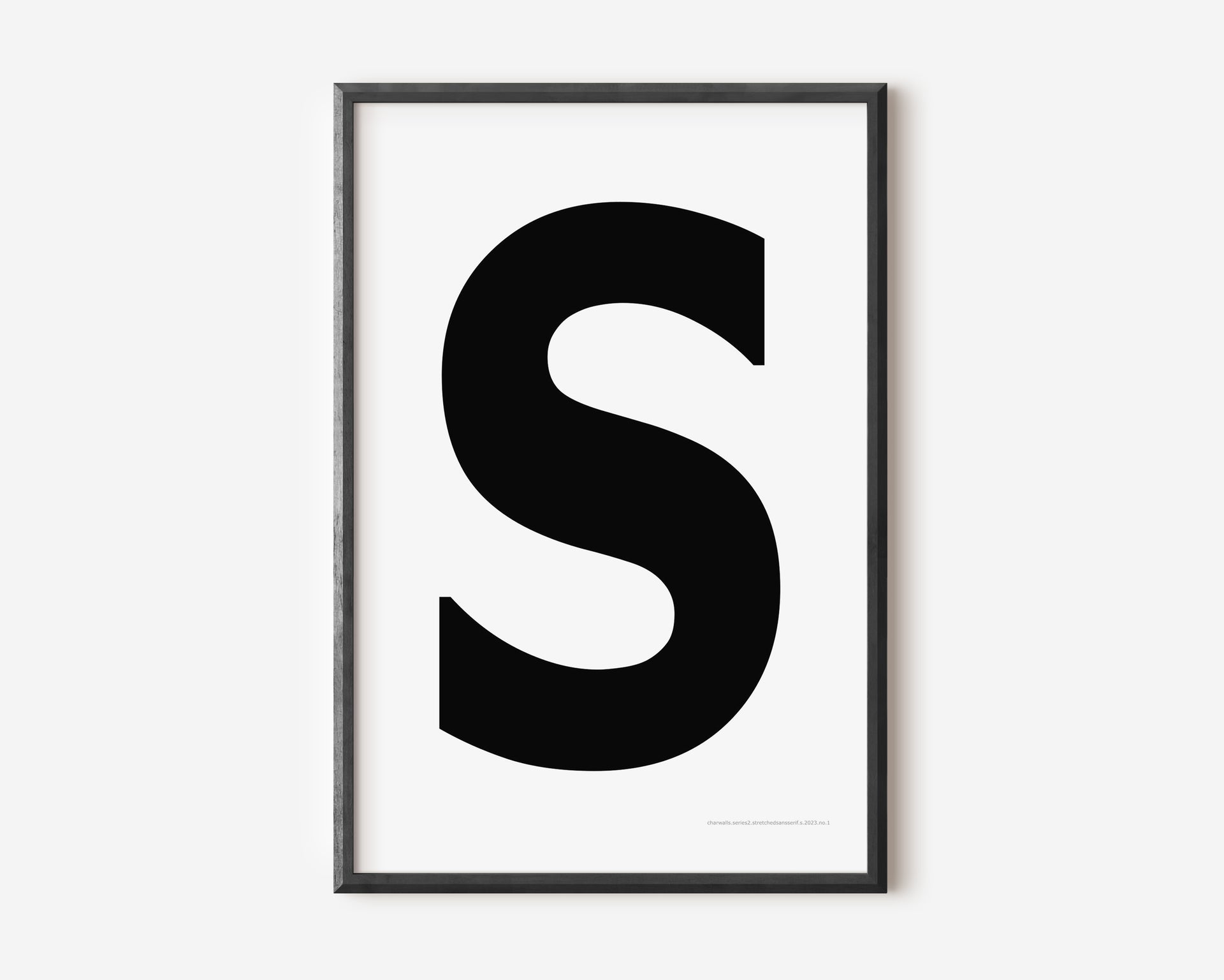 Modern art print with an uppercase black letter S on a white background.