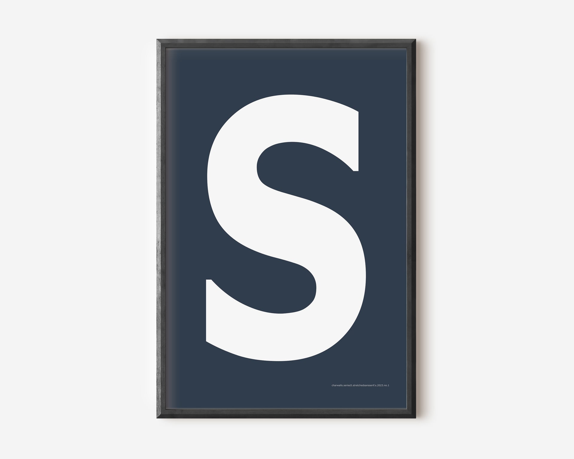 Modern art print with an uppercase white letter S on a navy blue background.