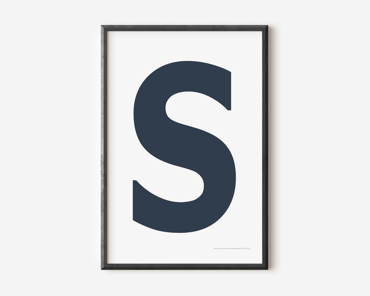 Modern art print with an uppercase navy blue letter S on a white background.