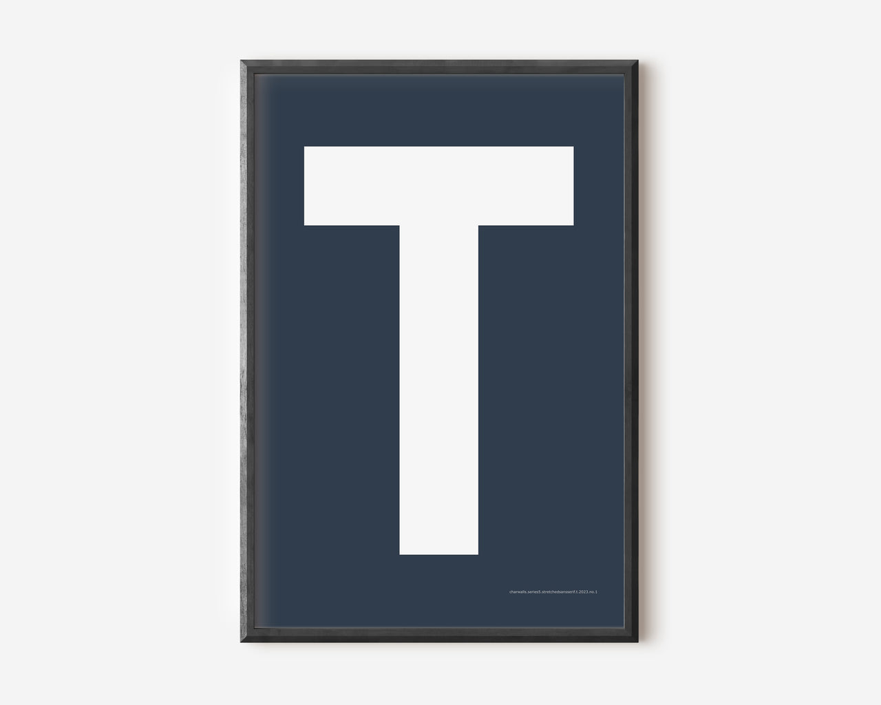 Modern art print with an uppercase white letter T on a navy blue background.