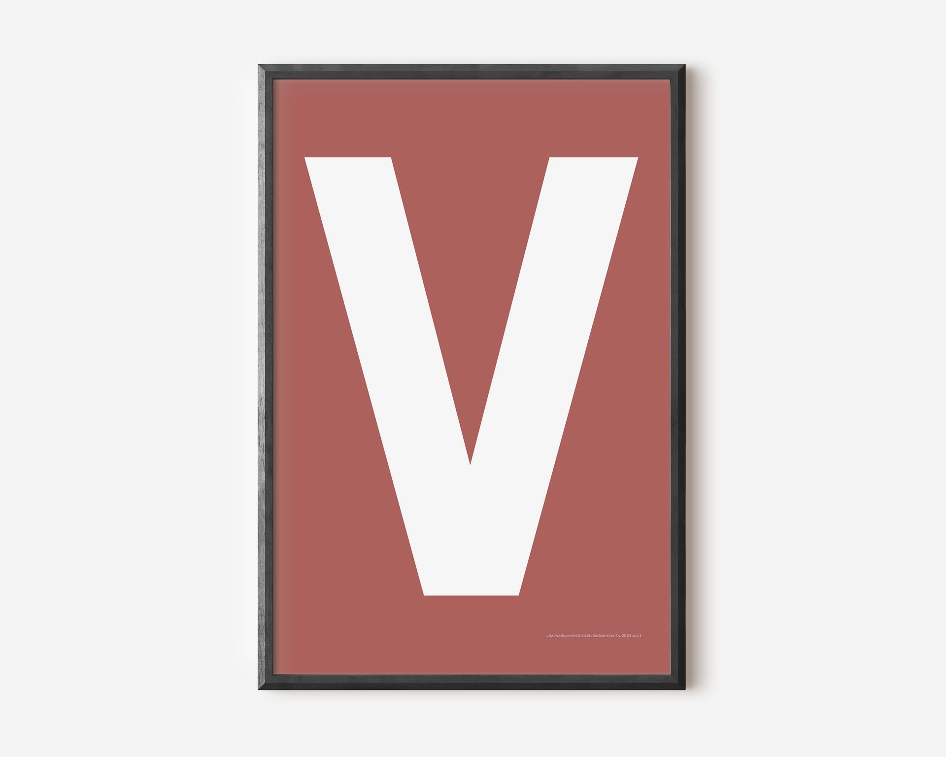 Modern art print with an uppercase white letter V on a Nantucket red background.