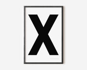 Modern art print with an uppercase black letter X on a white background.