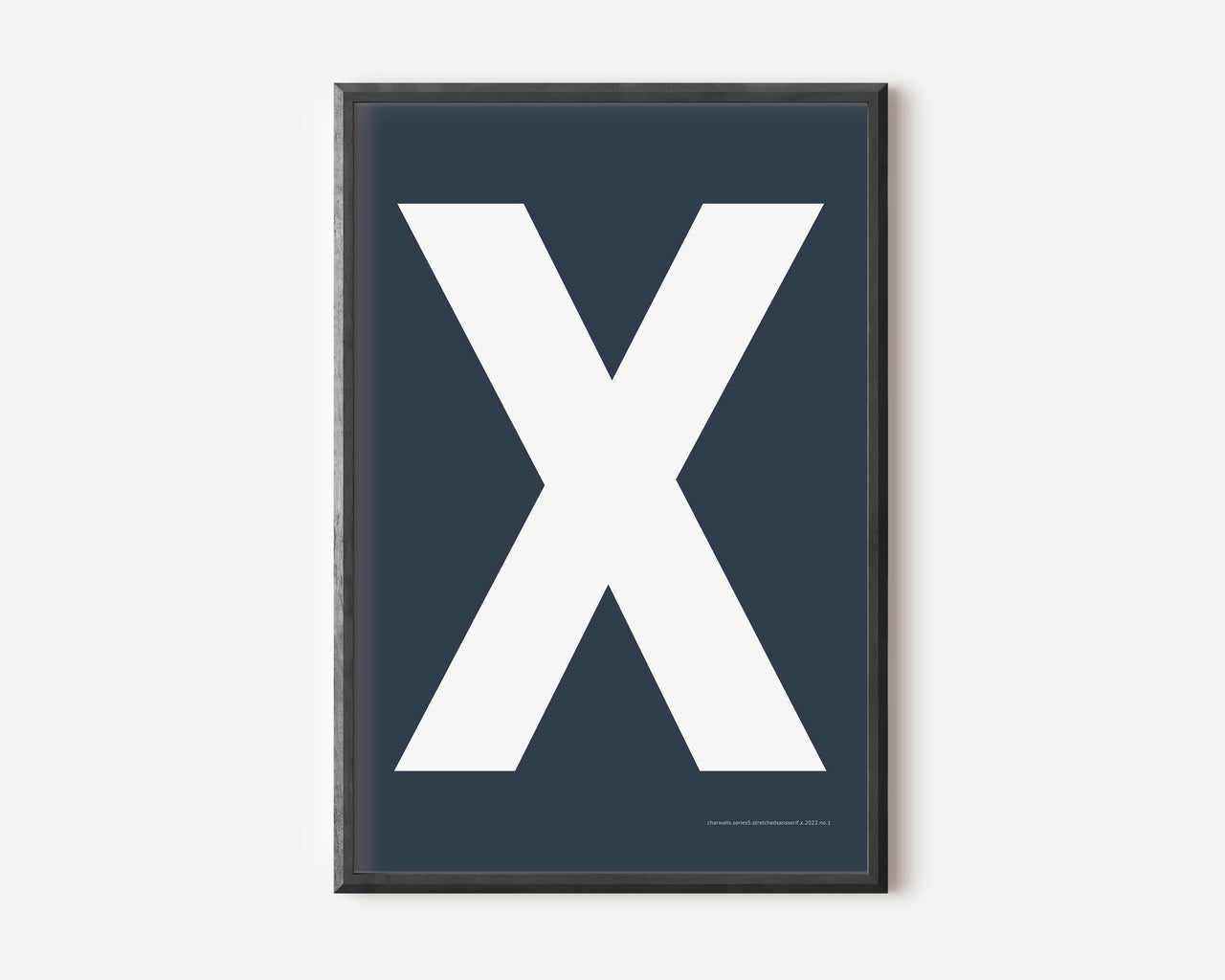 Modern art print with an uppercase white letter X on a navy blue background.