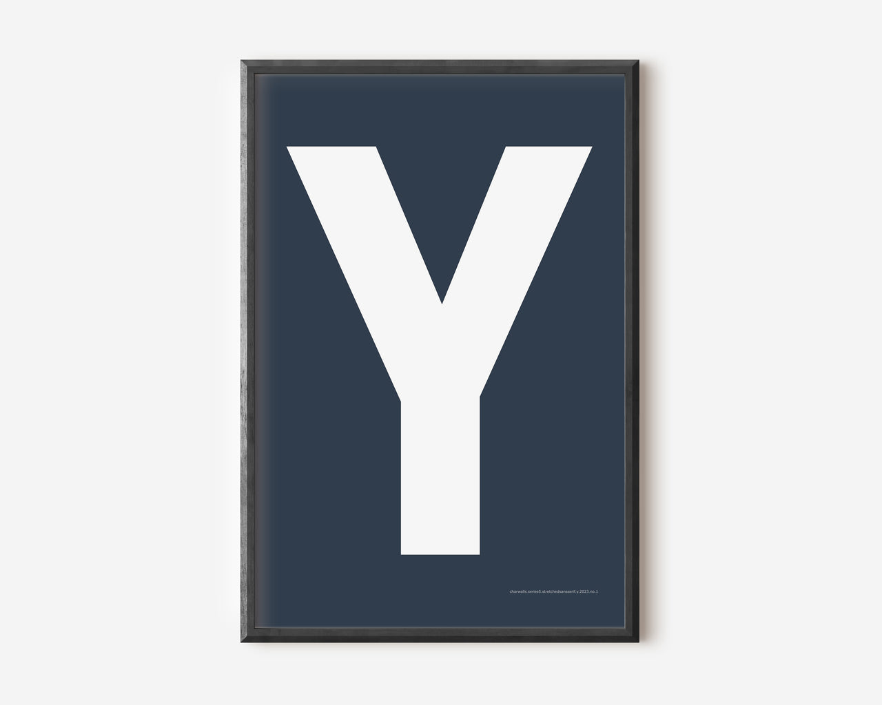 Modern art print with an uppercase white letter Y on a navy blue background.