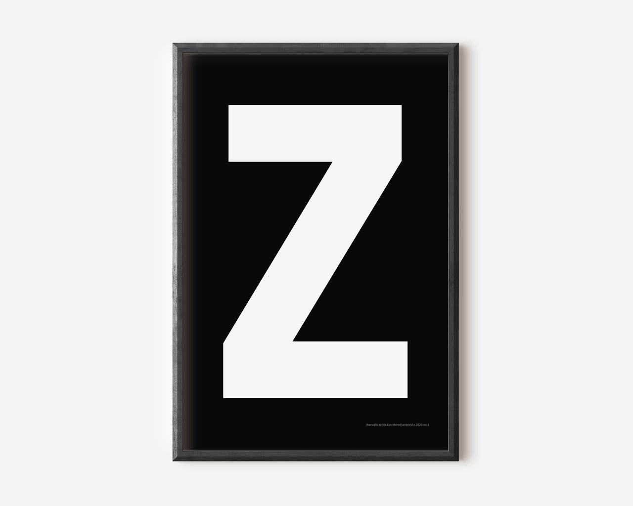 Modern art print with an uppercase white letter Z on a black background.