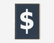 Modern symbol art print with a white dollar sign on a navy blue background.