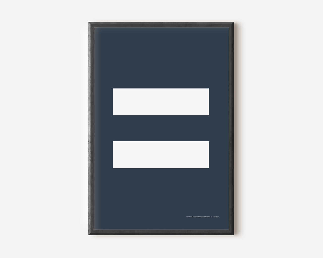 Modern symbol art print with a white equals sign on a navy blue background.