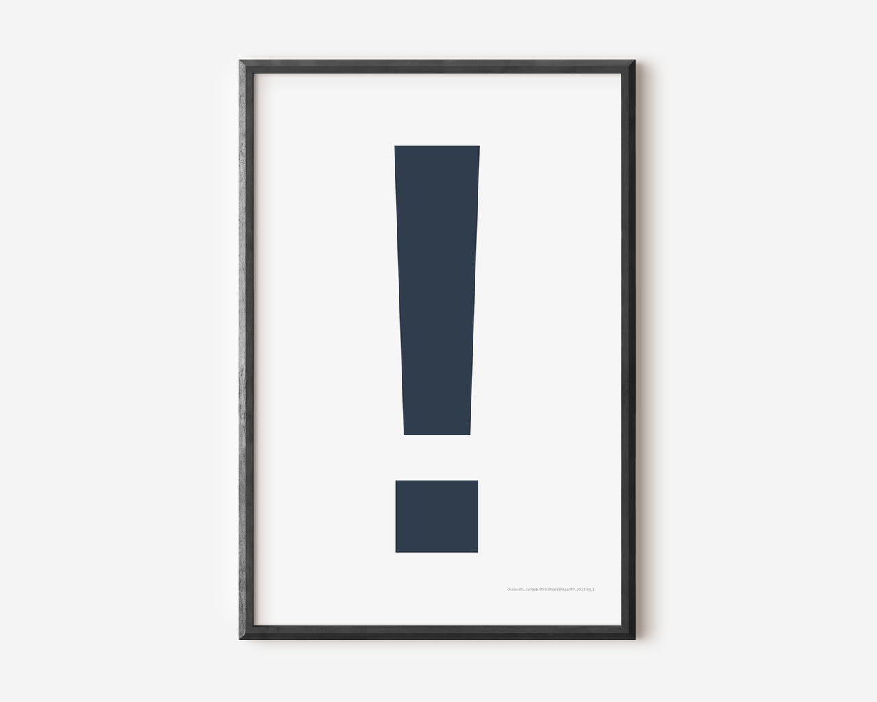 Modern symbol art print with a navy blue exclamation point on a white background.