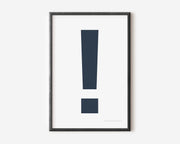 Modern symbol art print with a navy blue exclamation point on a white background.