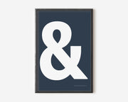 Modern symbol art print with a white ampersand on a navy blue background.