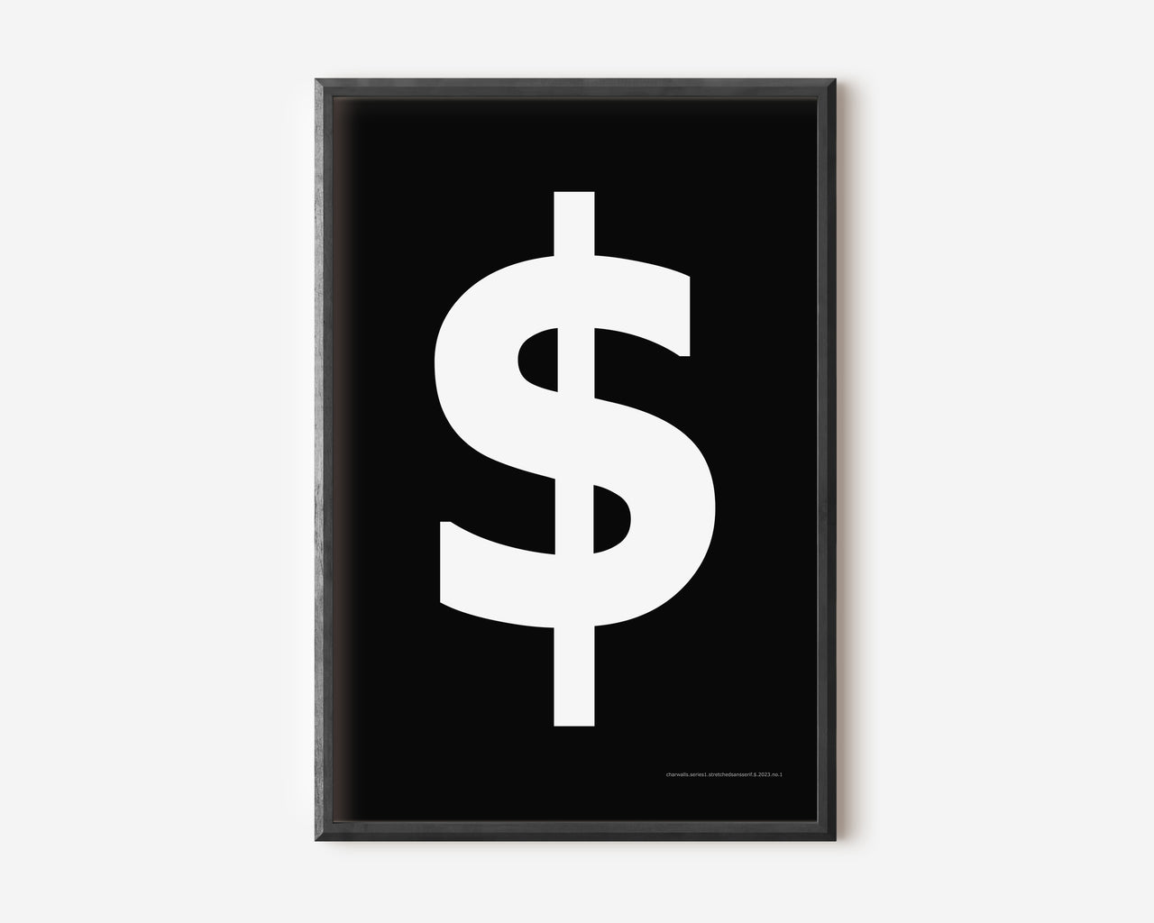 Modern symbol art print with a white dollar sign on a black background.