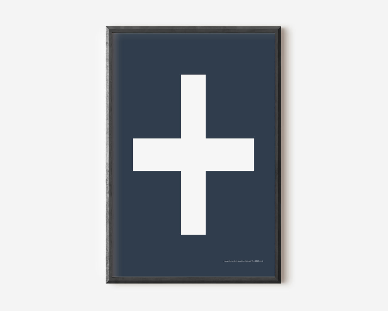 Modern symbol art print with a white plus sign on a navy blue background.