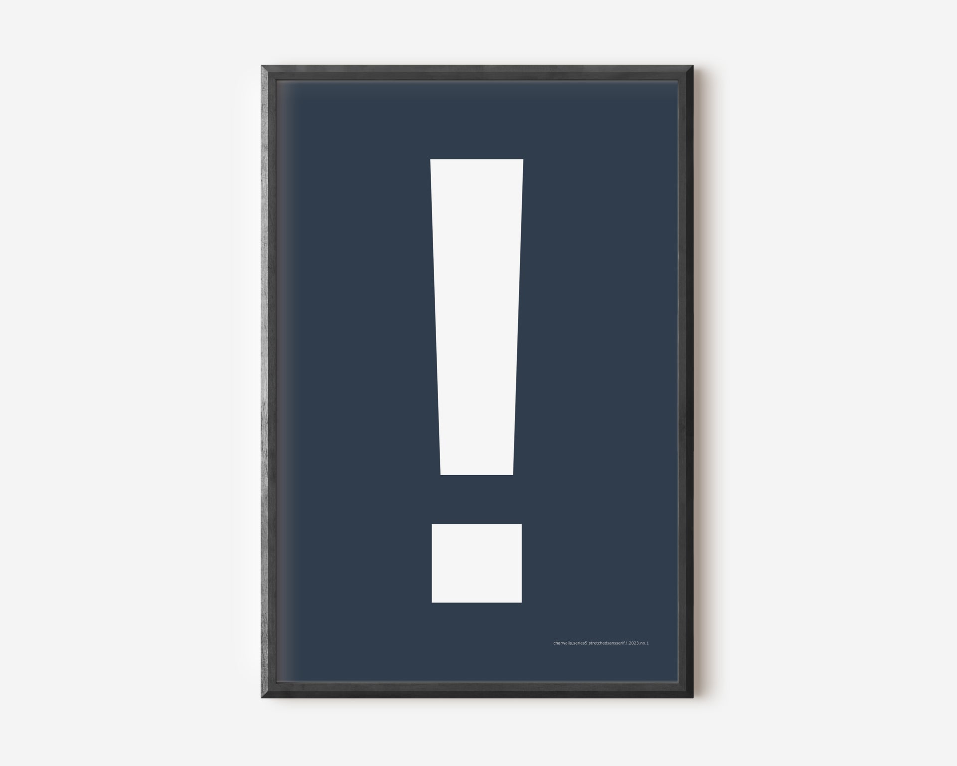 Modern symbol art print with a white exclamation point on a navy blue background.