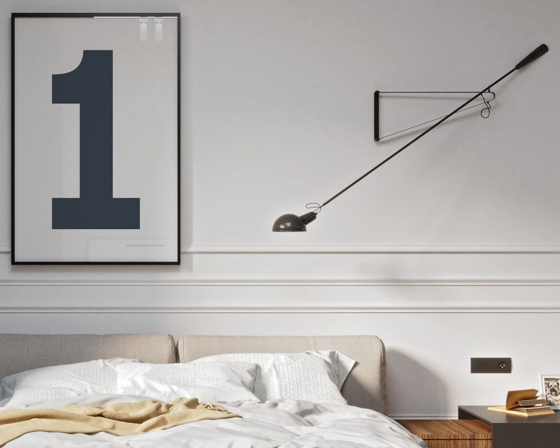 Framed navy blue and white number 1 art print hanging on a wall above a bed in a modern bedroom.