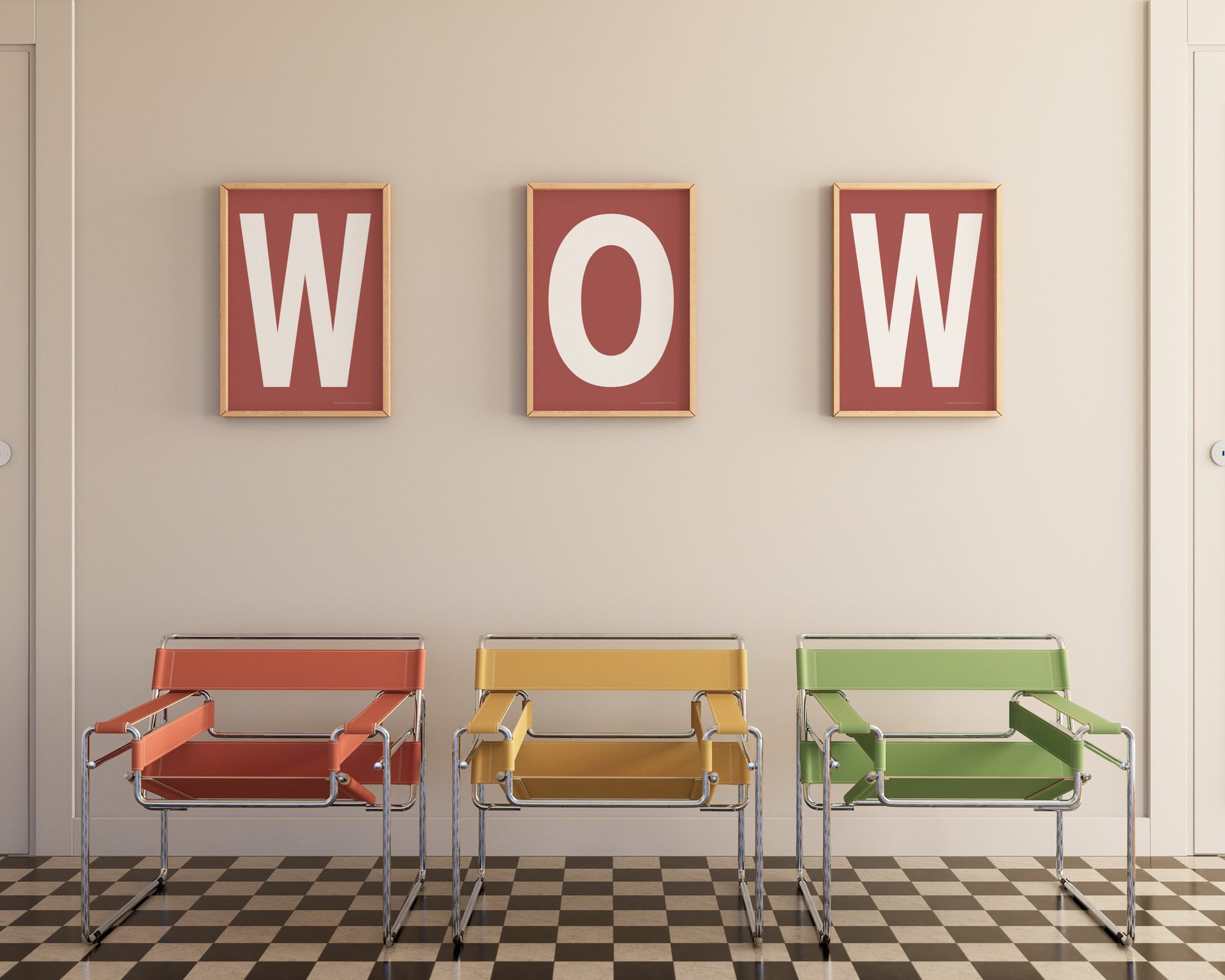 Three framed letter art prints that spell WOW hanging on wall above three modern colorful chairs.