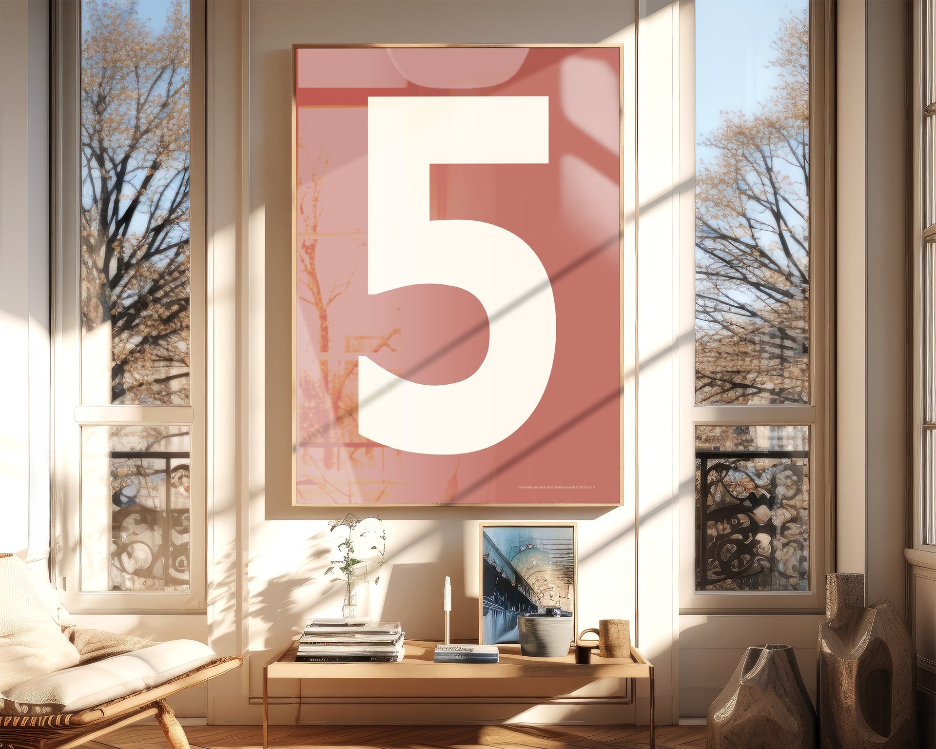 Oversized framed Nantucket red and white number art print featuring the number 5 in a modern living room.