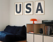 Three framed art prints with the letters U, S, and A hanging on the wall in boy's room