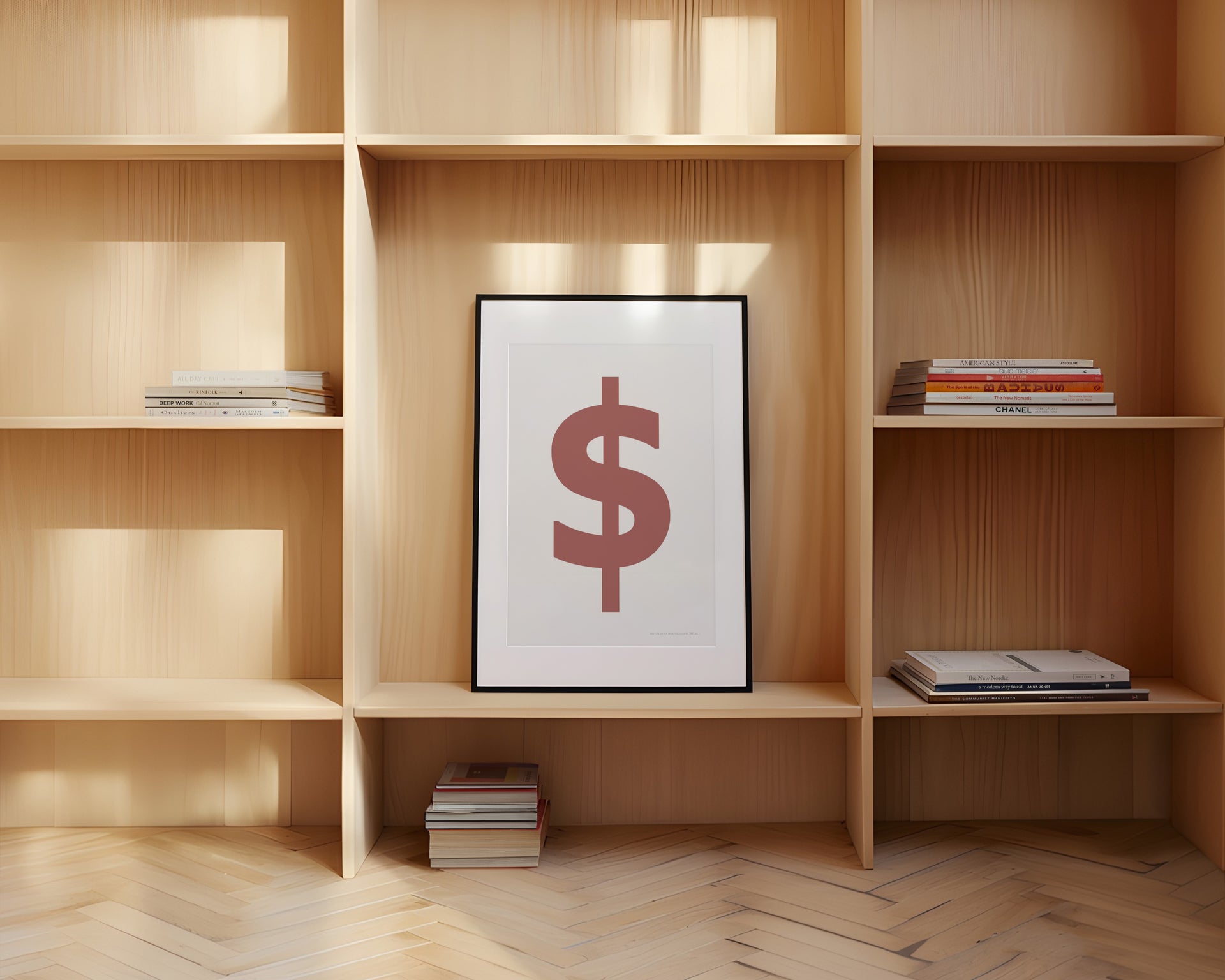 Framed Nantucket red and white dollar sign art print leaning on a shelf.