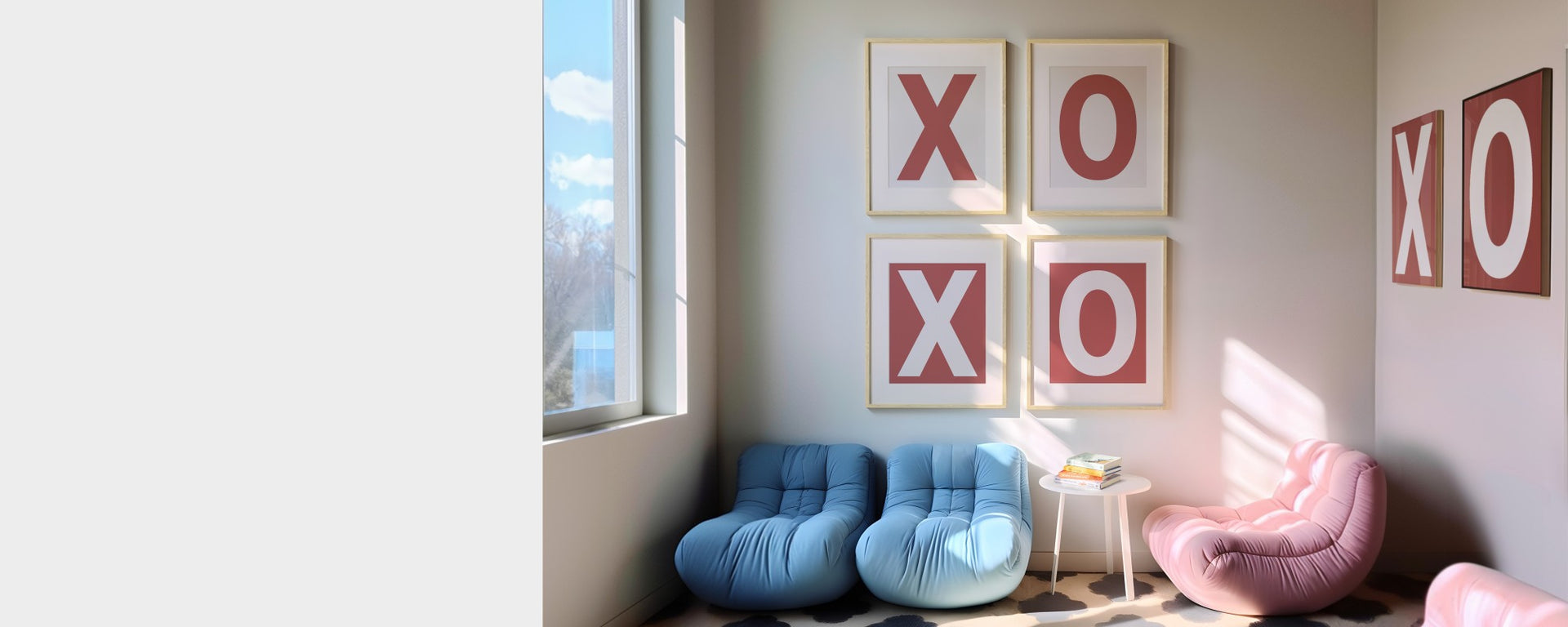 Framed white and Nantucket red letter art prints spelling out X and O to represent hugs and kisses in an eclectic modern room with pink and blue chairs.