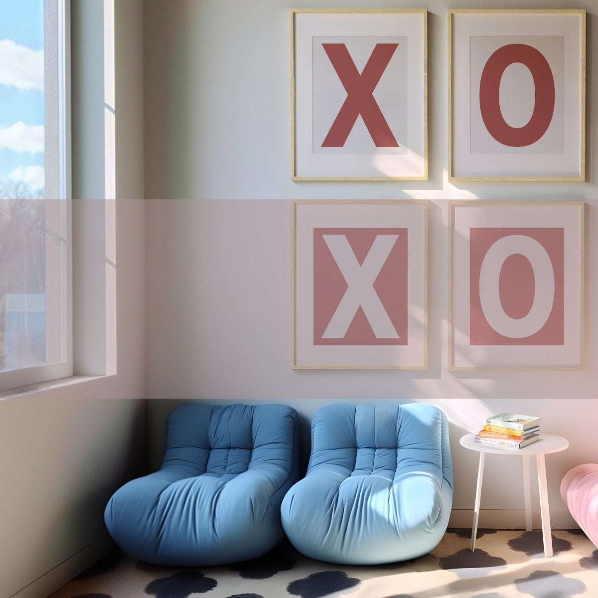 Framed white and Nantucket red letter art prints spelling out X and O to represent hugs and kisses in an eclectic modern room with pink and blue chairs.