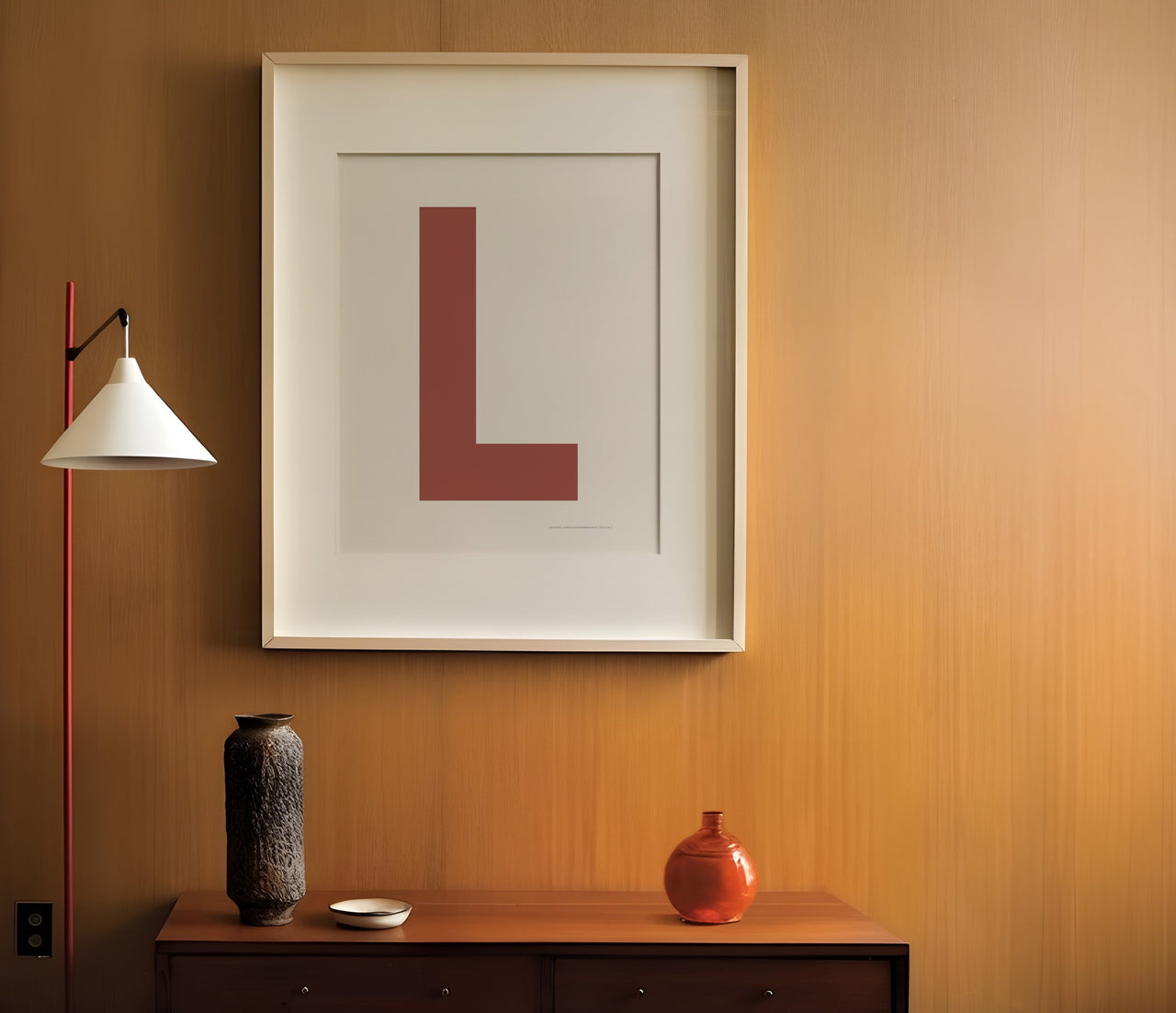 Framed white and Nantucket red letter L art print hanging on a wood wall over a table in a mid century modern entryway or hallway.